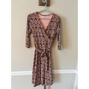 41 Hawthorn Womens Size Small Peach Black Faux Wrap Dress Stretch 3/4 Sleeve